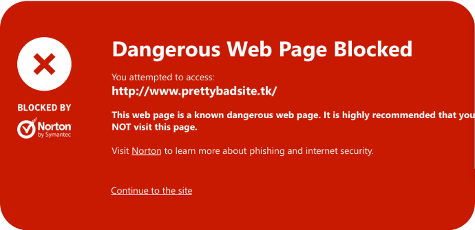 Immagine di pagina web pericolosa bloccata da safe web.